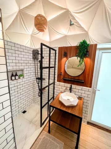 The bathroom: walk-in shower, basin and mirror