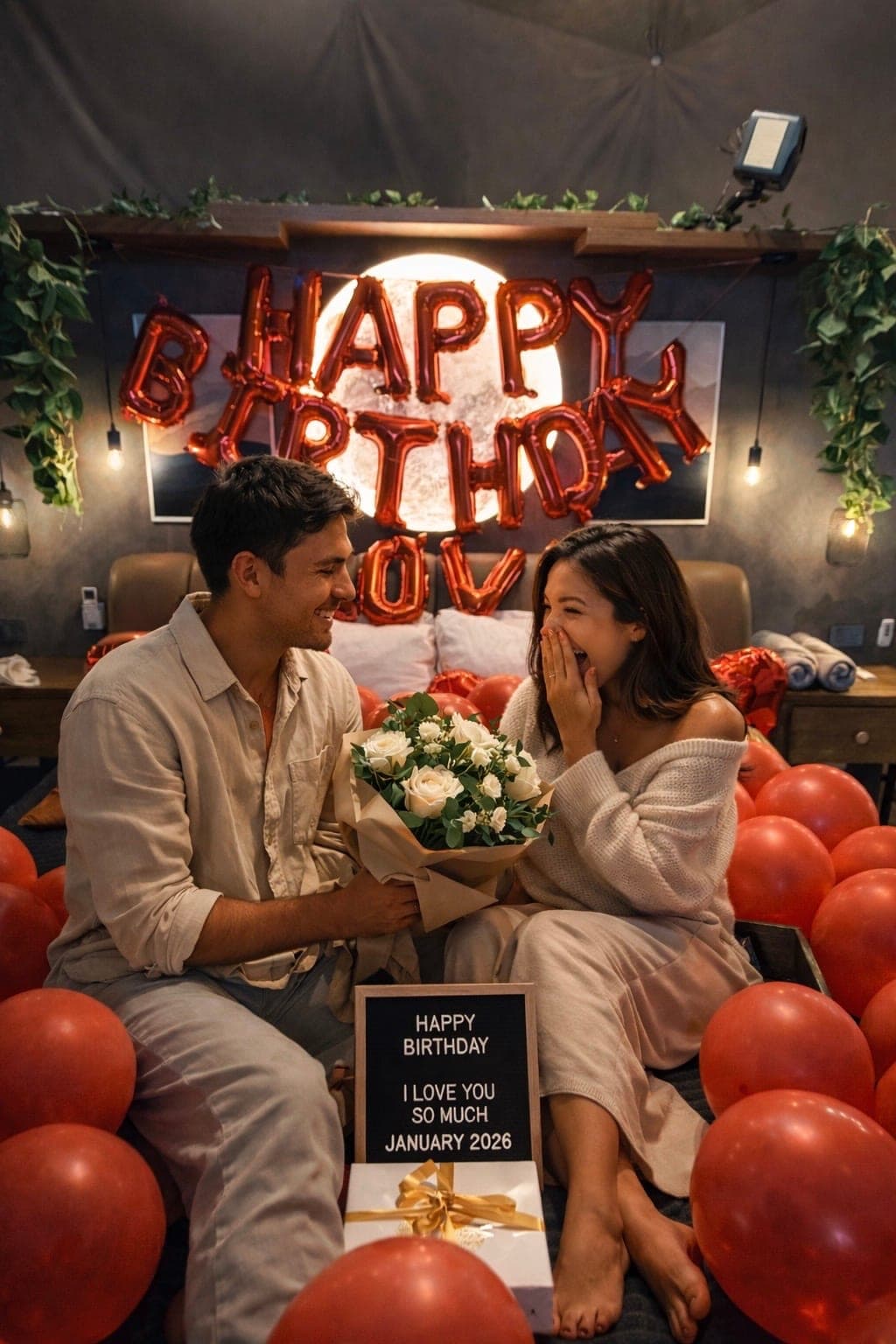 A dome interior decorated with balloons and a personalised message board